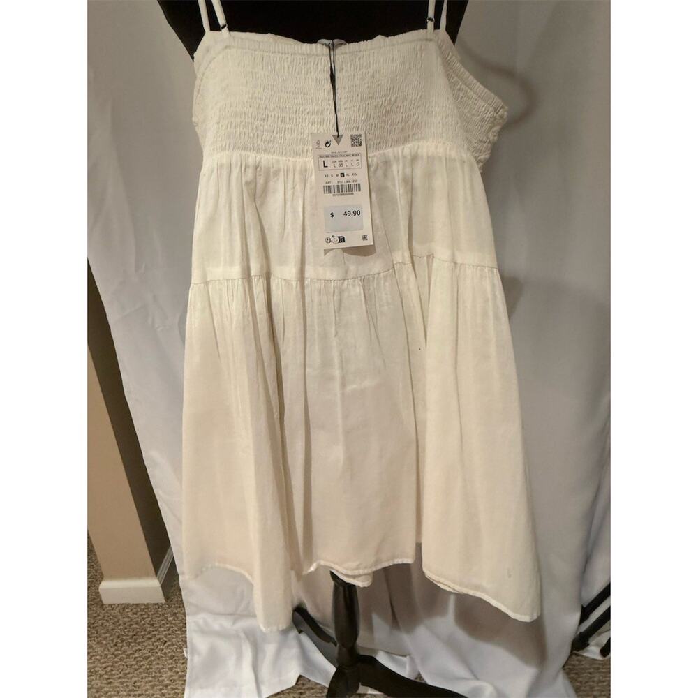 Zara Mini Sundress Womens Size L Ivory Beaded Smocked Tiered Boho Summer - Picture 3 of 6